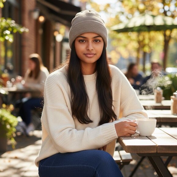 Handmade Upcycled 100% Cashmere Beanie Hat Soft Cozy Winter Knit Cap Tan Neutral - Picture 1 of 5